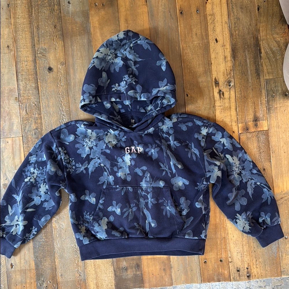 GAP Kids Navy Blue Floral Hoodie girls large (10) white logo EUC